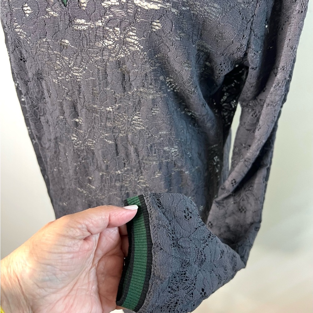 Free People All Day Lace Long Sleeve Top Gray Lace Green Trim SZ L EUC - Picture 3 of 8